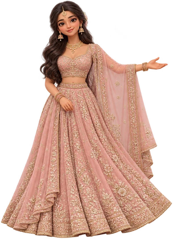 An original illustrated bride in a blush lehenga, representing Vartika
