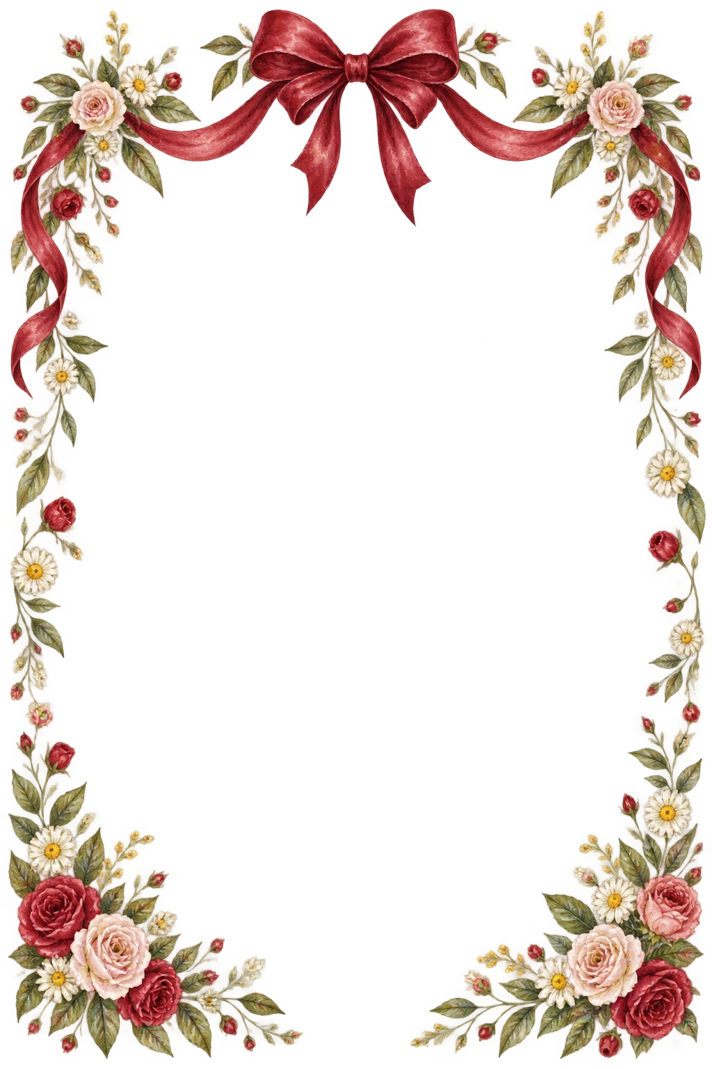 Watercolour roses, daisies and a red silk bow frame the invitation