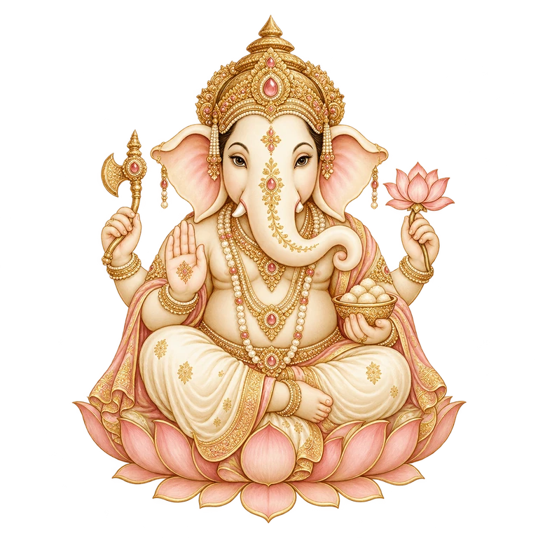 Lord Ganesha, in ivory and gold, seated on a lotus