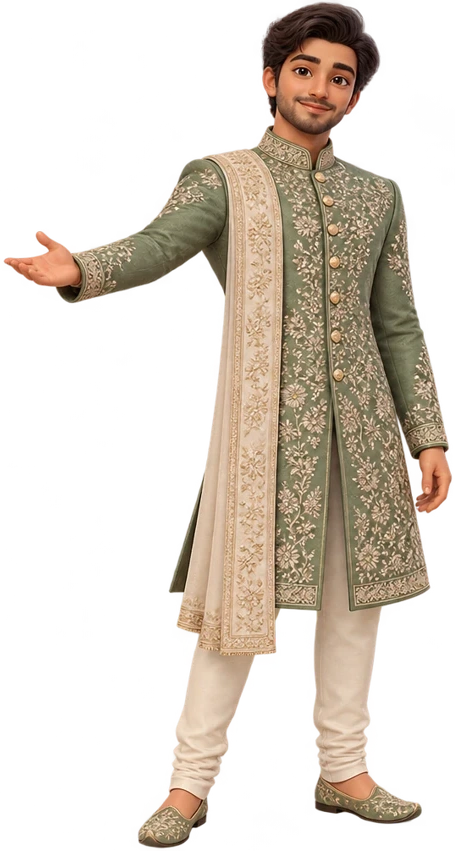 An original illustrated groom in a sage sherwani, representing Sankalp